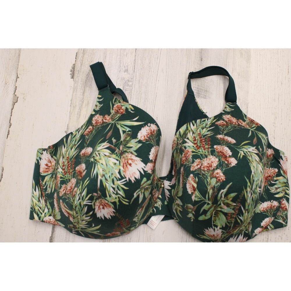 Cacique Full Coverage Bra 42F Green Floral Protea Underwire Cottagecore Boho
